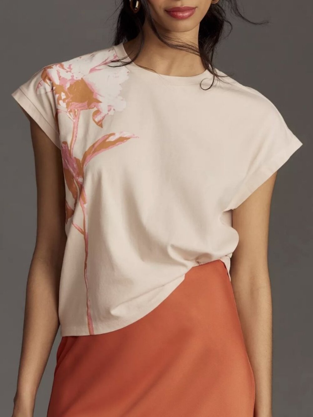 New! Anthropologie Floral Muscle Tee Womens Size Med Orange Pink Top Cotton NWT